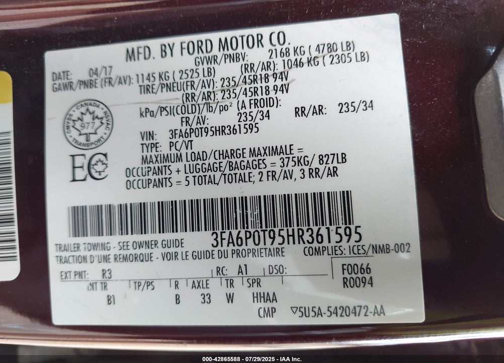 2017 FORD FUSION VIN: 3FA6P0T95HR361595