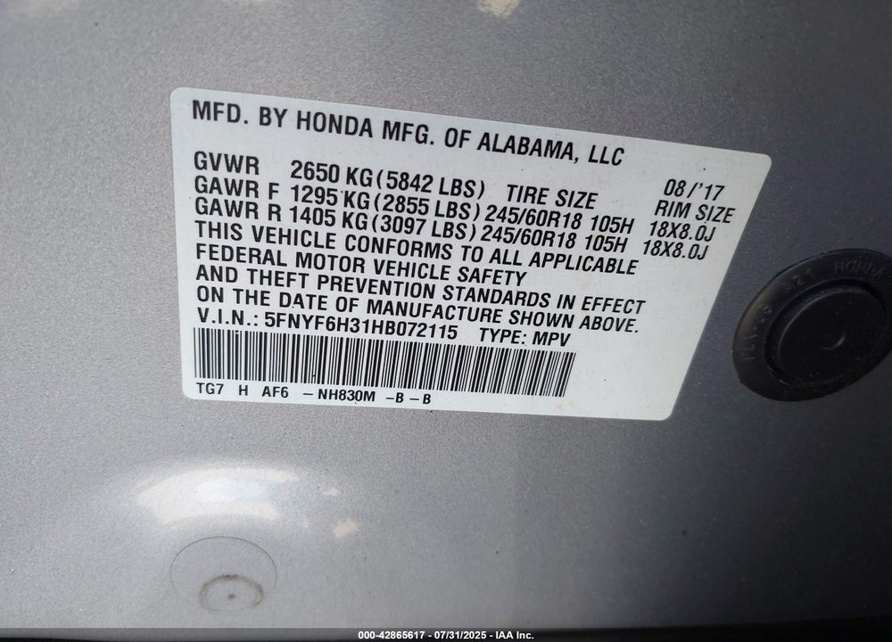2017 HONDA PILOT VIN: 5FNYF6H31HB072115