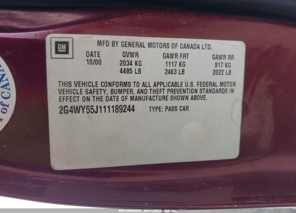 2001 BUICK CENTURY LIMITED VIN: 2G4WY55J111189244
