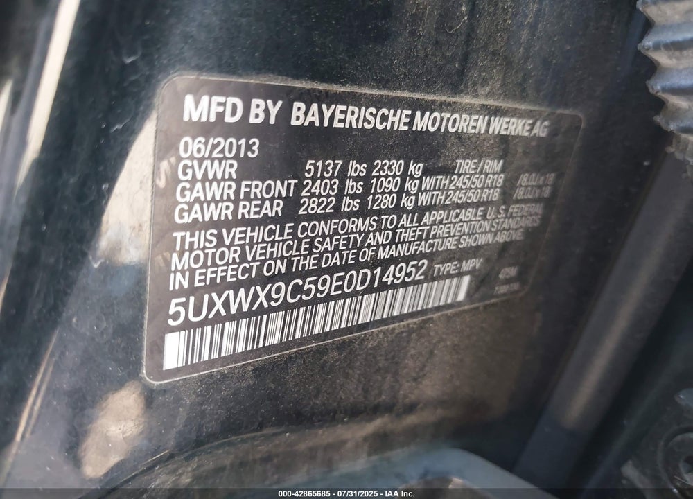 2014 BMW X3 XDRIVE28I VIN: 5UXWX9C59E0D14952