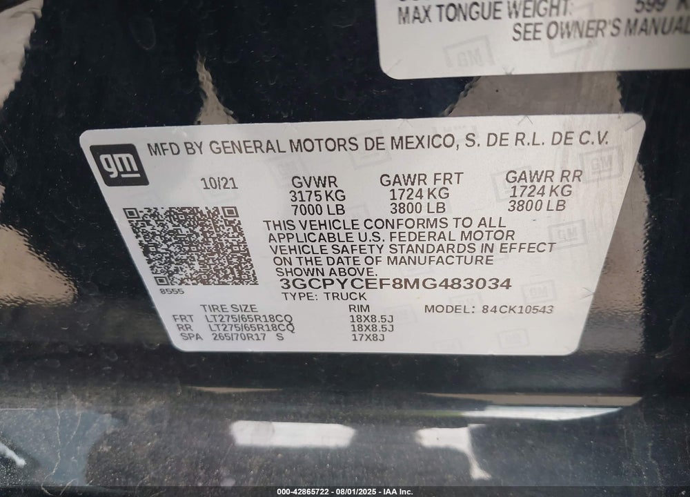 2021 CHEVROLET SILVERADO 1500 VIN: 3GCPYCEF8MG483034