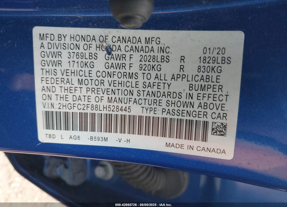 2020 HONDA CIVIC VIN: 2HGFC2F88LH528445