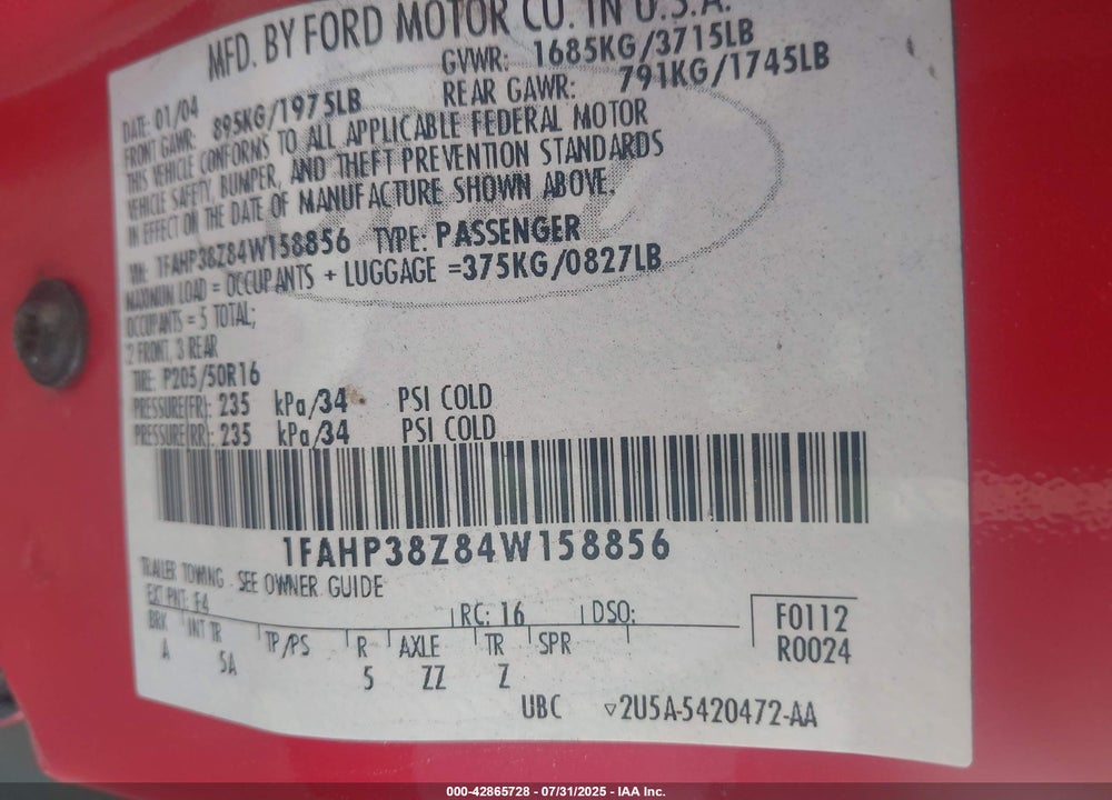 2004 FORD FOCUS ZTS VIN: 1FAHP38Z84W158856