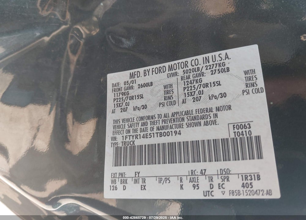 2001 FORD RANGER VIN: 1FTYR14E51TB00194