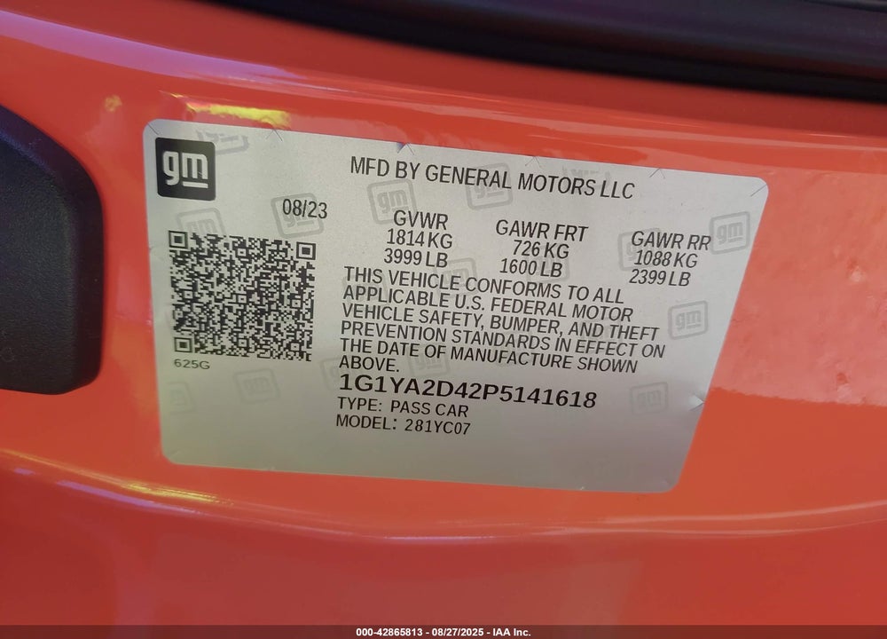 2023 CHEVROLET CORVETTE STINGRAY RWD 1LT VIN: 1G1YA2D42P5141618