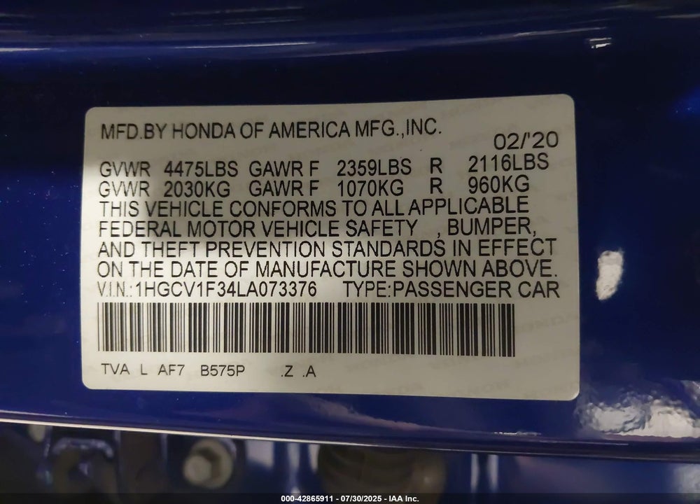 2020 HONDA ACCORD VIN: 1HGCV1F34LA073376