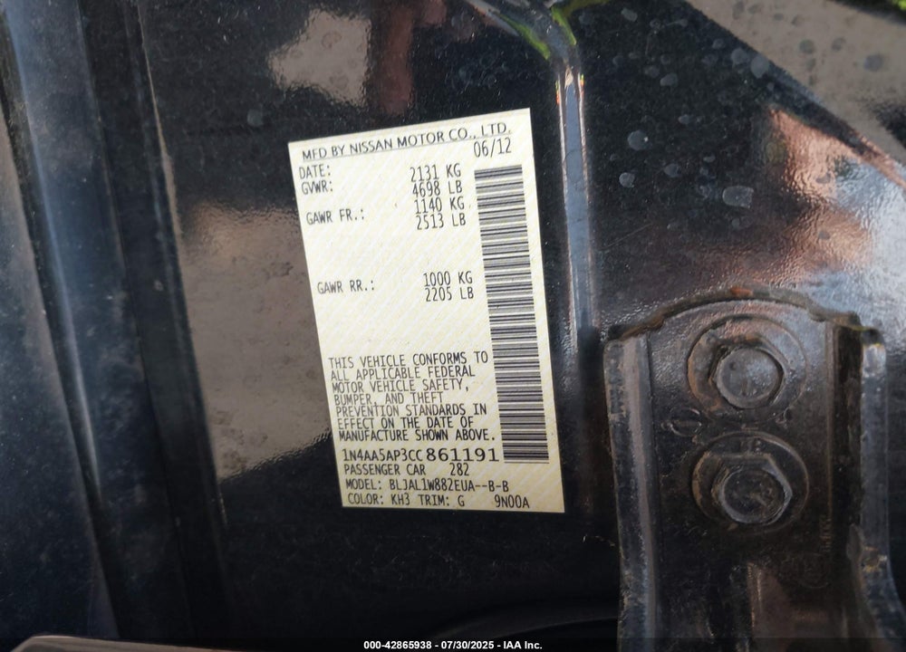 2012 NISSAN MAXIMA VIN: 1N4AA5AP3CC861191
