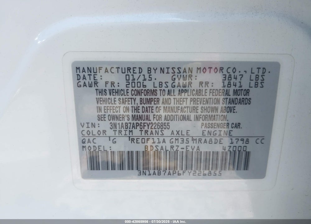 2015 NISSAN SENTRA VIN: 3N1AB7AP6FY226855