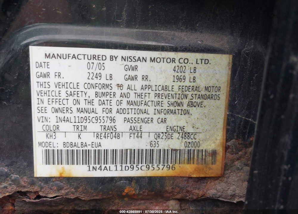 2005 NISSAN ALTIMA VIN: 1N4AL11D95C955796
