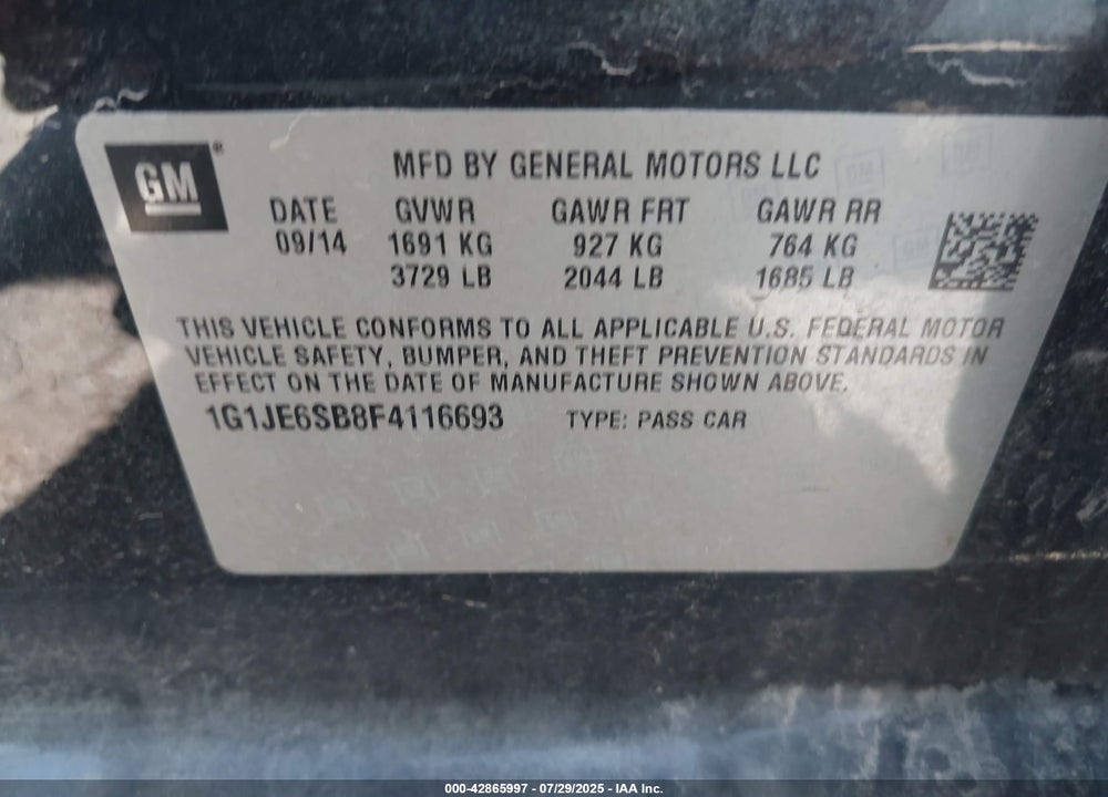 2015 CHEVROLET SONIC VIN: 1G1JE6SB8F4116693