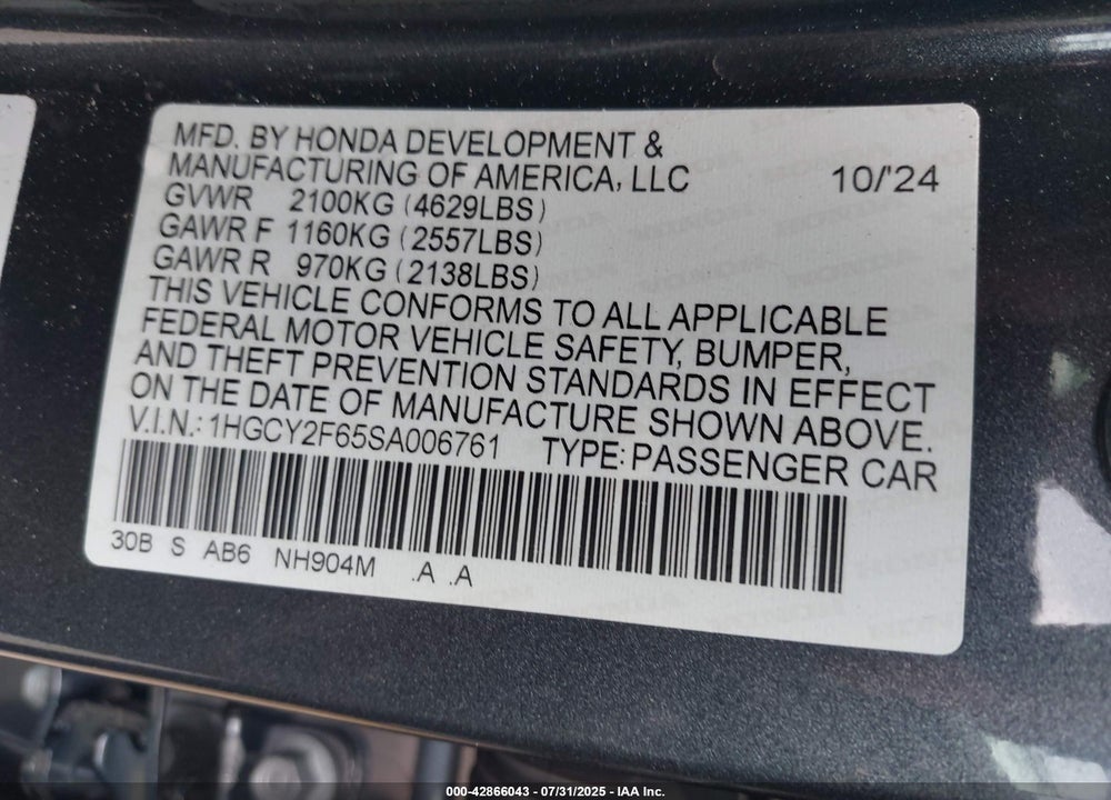 2025 HONDA ACCORD HYBRID EX-L VIN: 1HGCY2F65SA006761