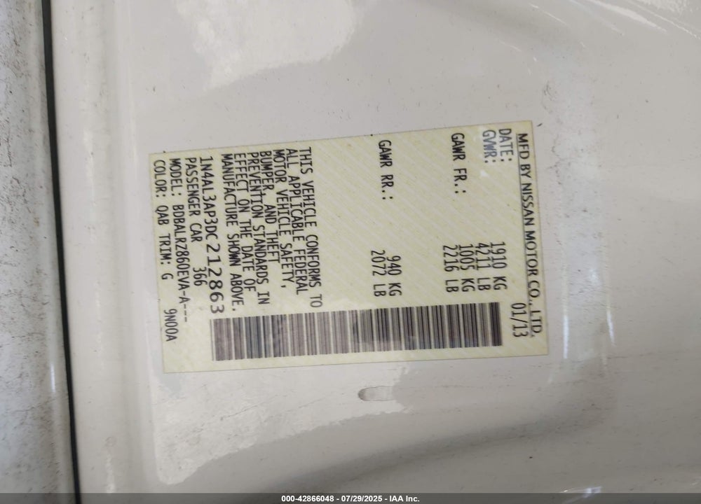 2013 NISSAN ALTIMA VIN: 1N4AL3AP3DC212863