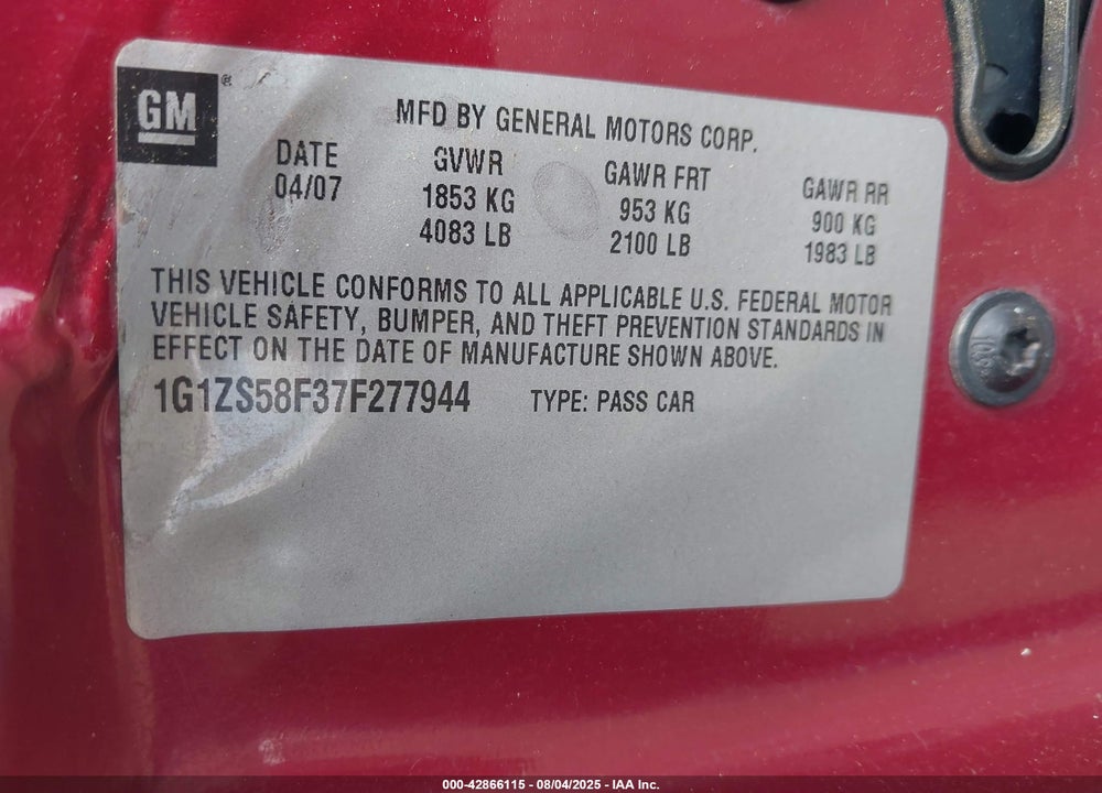 2007 CHEVROLET MALIBU VIN: 1G1ZS58F37F277944