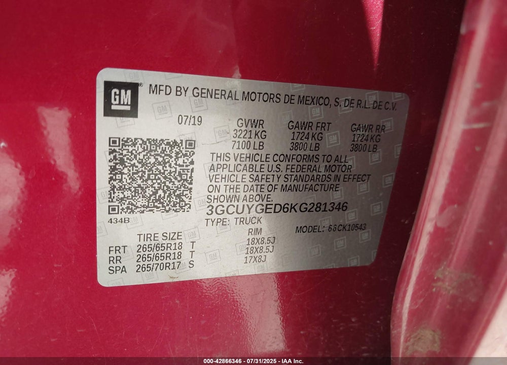 2019 CHEVROLET SILVERADO 1500 VIN: 3GCUYGED6KG281346