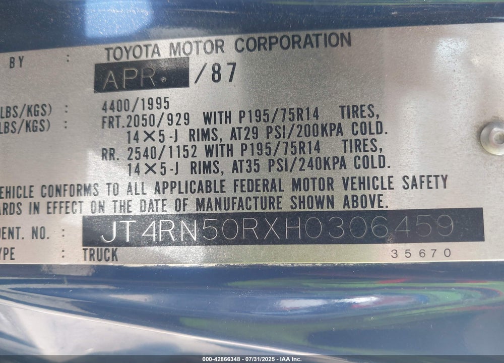 1987 TOYOTA PICKUP 1/2 TON RN50 VIN: JT4RN50RXH0306459