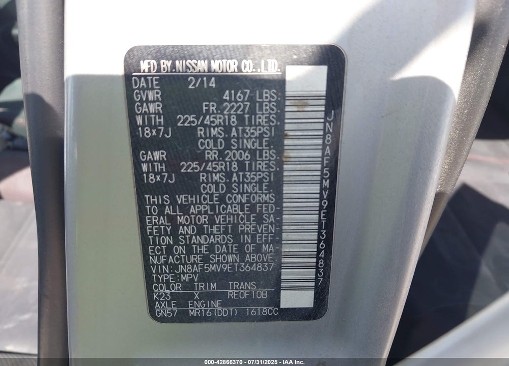 2014 NISSAN JUKE VIN: JN8AF5MV9ET364837