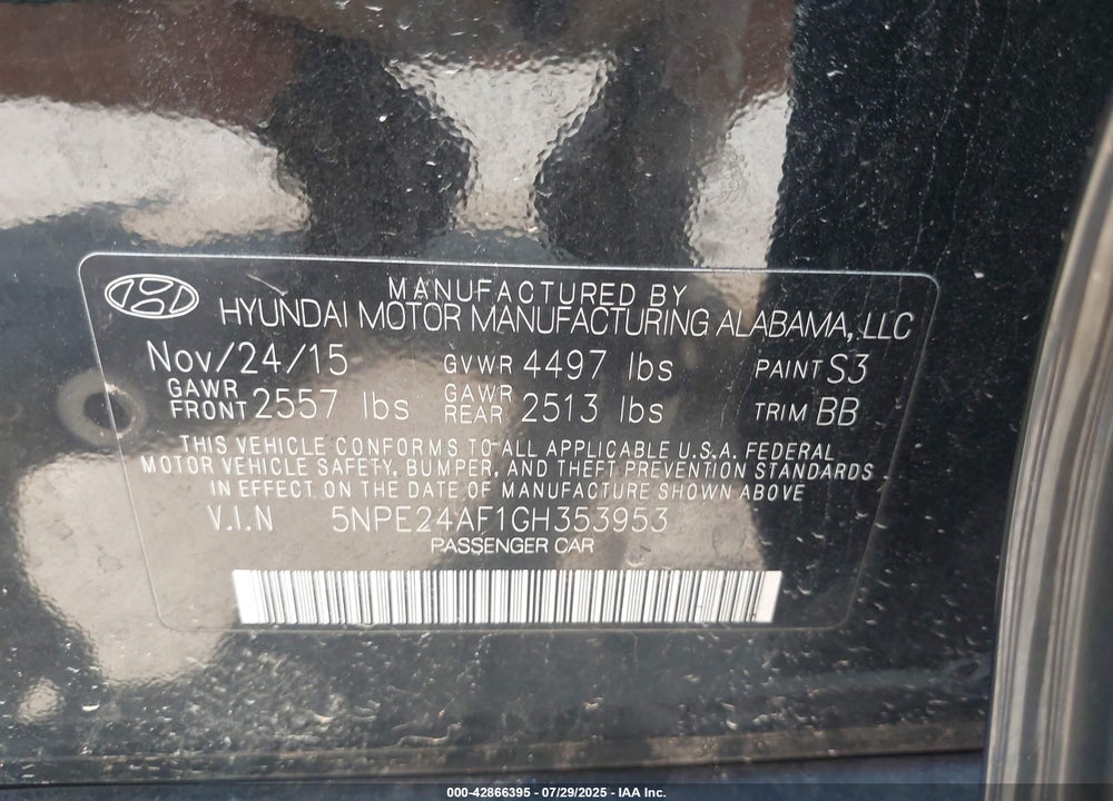 2016 HYUNDAI SONATA SE VIN: 5NPE24AF1GH353953