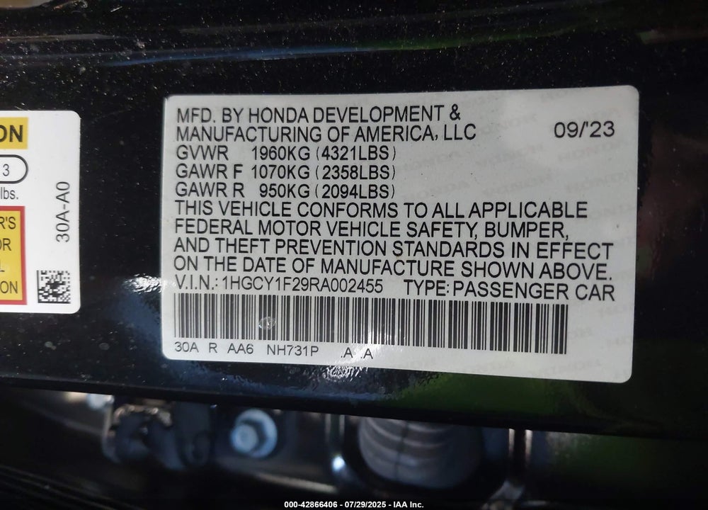 2024 HONDA ACCORD VIN: 1HGCY1F29RA002455
