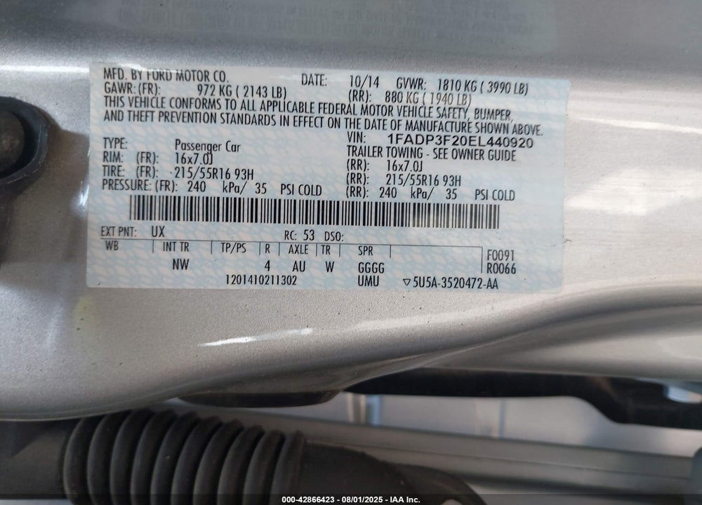 2014 FORD FOCUS VIN: 1FADP3F20EL440920