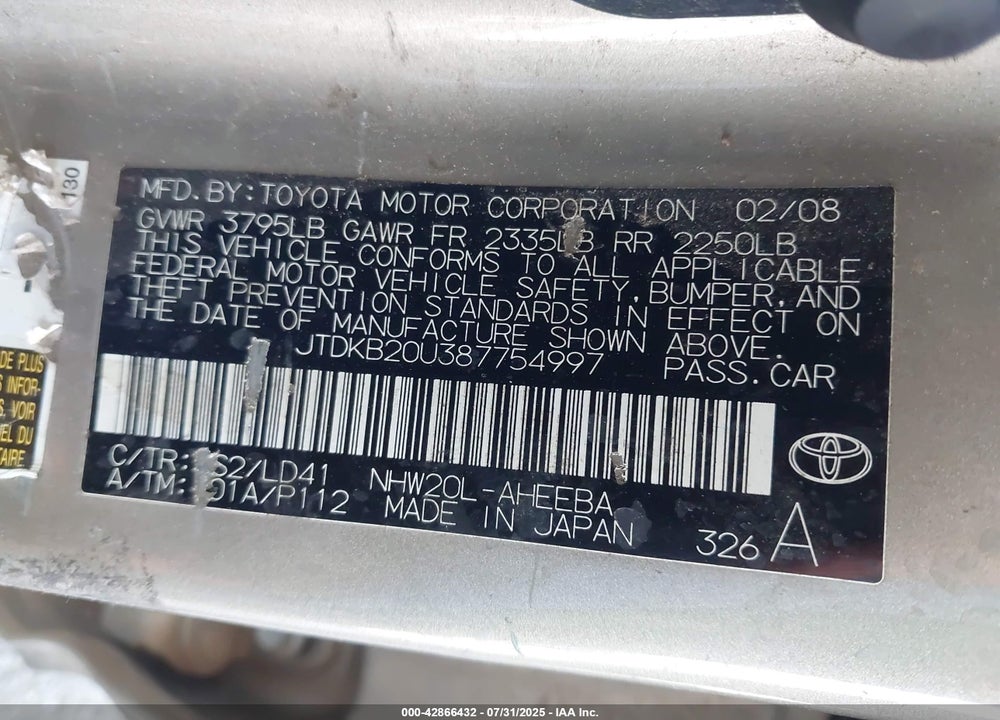 2008 TOYOTA PRIUS VIN: JTDKB20U387754997