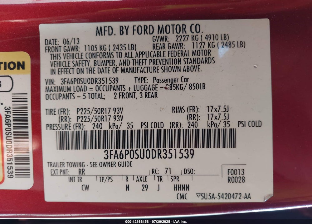 2013 FORD FUSION ENERGI TITANIUM VIN: 3FA6P0SU0DR351539
