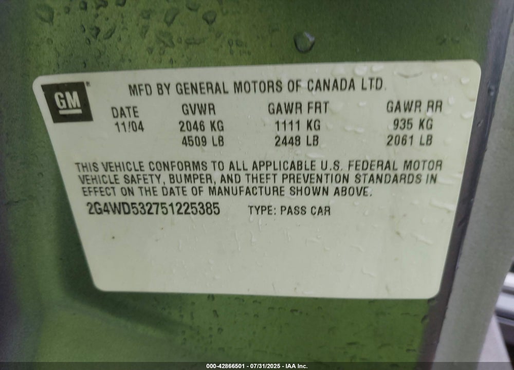 2005 BUICK LACROSSE CXL VIN: 2G4WD532751225385