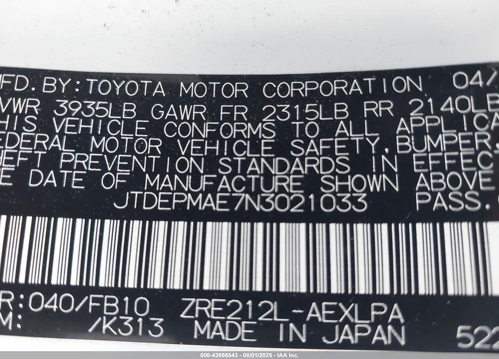 2022 TOYOTA COROLLA VIN: JTDEPMAE7N3021033