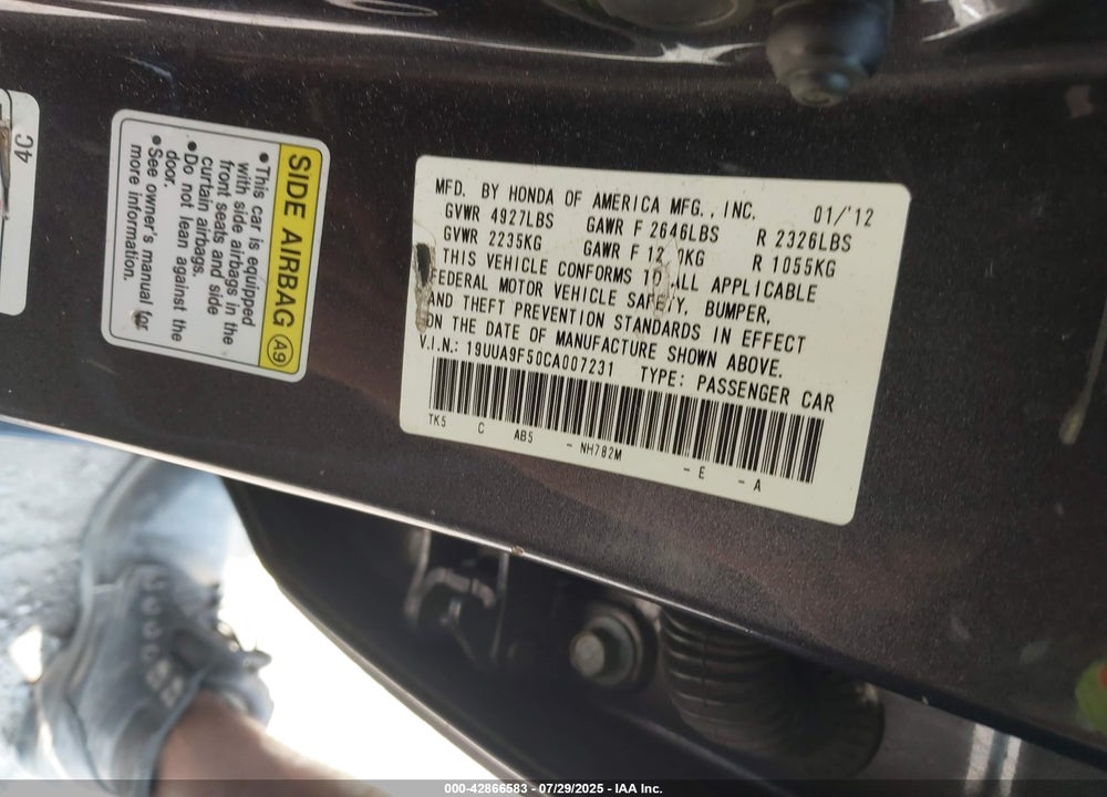 2012 ACURA TL VIN: 19UUA9F50CA007231