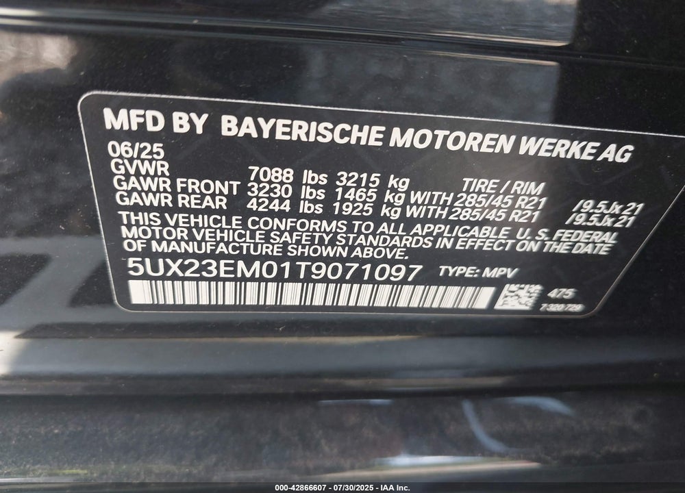 2026 BMW X7 XDRIVE40I VIN: 5UX23EM01T9071097