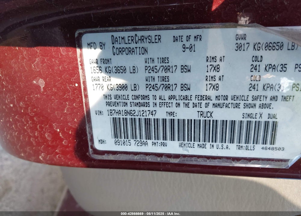 2002 DODGE RAM 1500 VIN: 1B7HA18N62J121747
