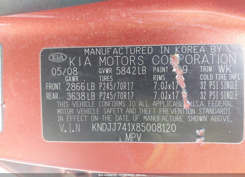 2009 KIA BORREGO VIN: KNDJJ741X85008120