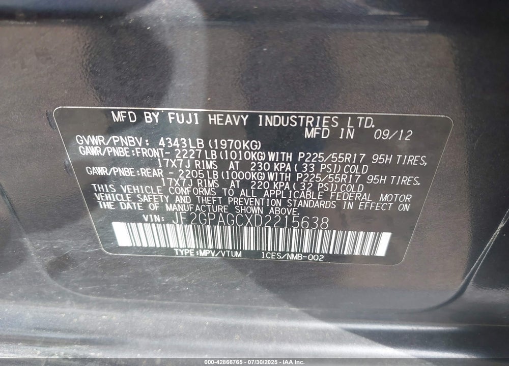 2013 SUBARU XV CROSSTREK 2.0I LIMITED VIN: JF2GPAGCXD2215638