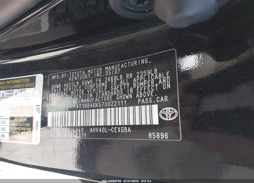 2007 TOYOTA CAMRY HYBRID VIN: 4T1BB46K57U022111