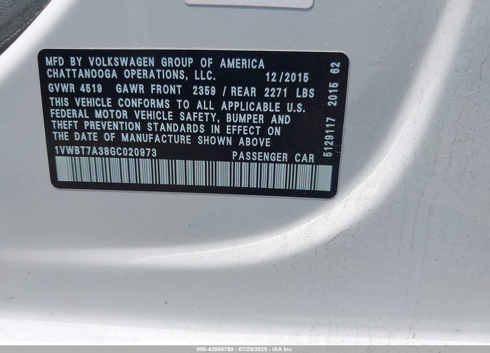 2016 VOLKSWAGEN PASSAT 1.8T SE VIN: 1VWBT7A38GC020973