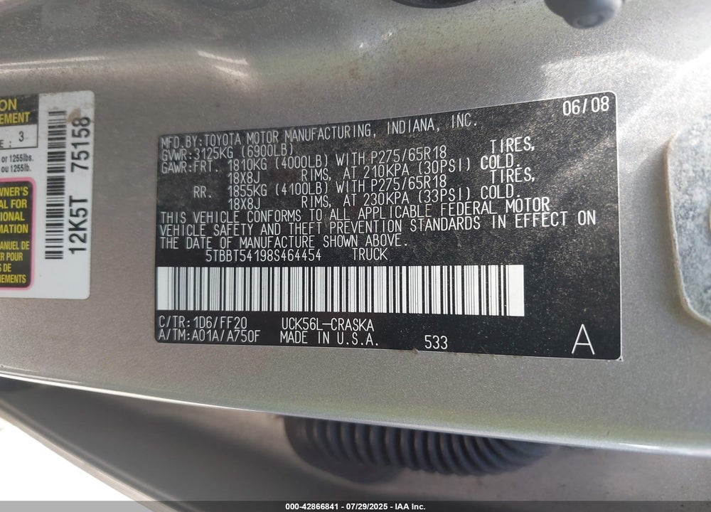 2008 TOYOTA TUNDRA VIN: 5TBBT54198S464454