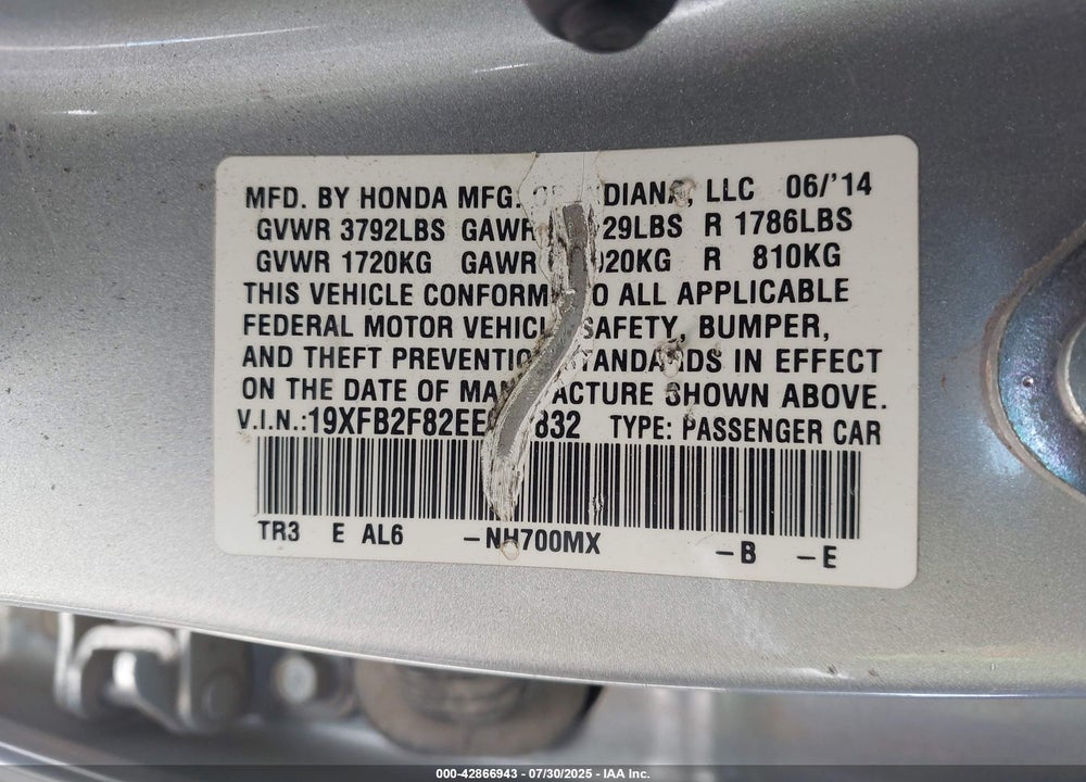 2014 HONDA CIVIC VIN: 19XFB2F82EE061832