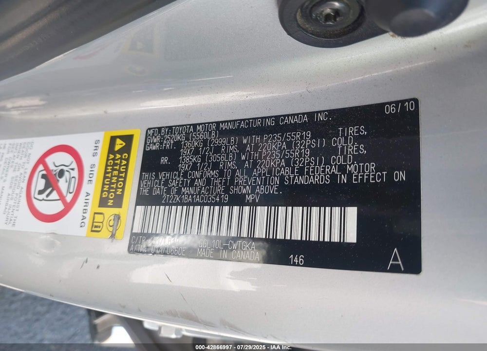 2010 LEXUS RX 350 VIN: 2T2ZK1BA1AC035419