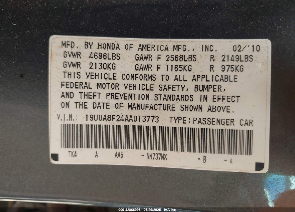 2010 ACURA TL 3.5 VIN: 19UUA8F24AA013773