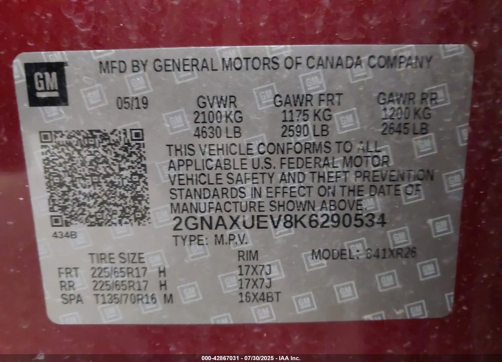 2019 CHEVROLET EQUINOX VIN: 2GNAXUEV8K6290534