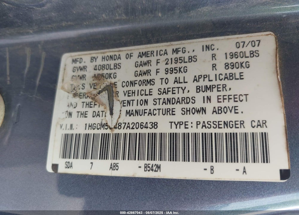 2007 HONDA ACCORD VIN: 1HGCM56487A206438