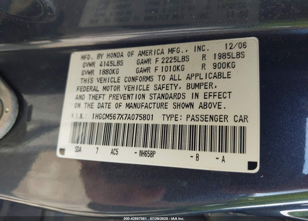 2007 HONDA ACCORD VIN: 1HGCM567X7A075801