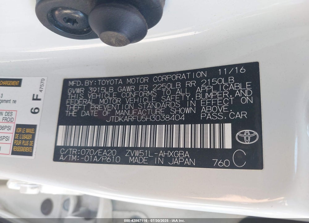 2017 TOYOTA PRIUS VIN: JTDKARFU5H3038404