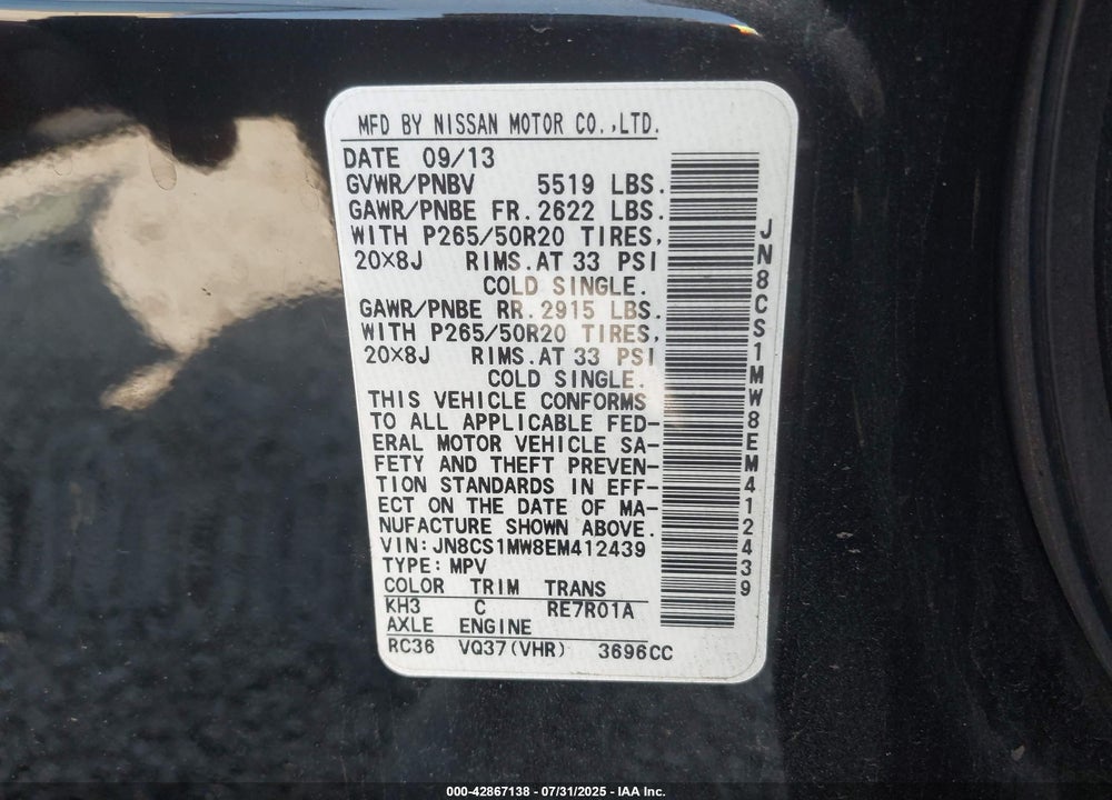 2014 INFINITI QX70 VIN: JN8CS1MW8EM412439