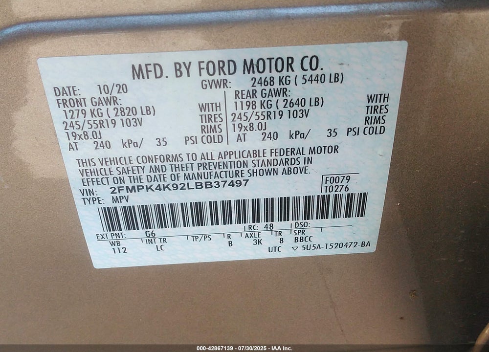 2020 FORD EDGE VIN: 2FMPK4K92LBB37497