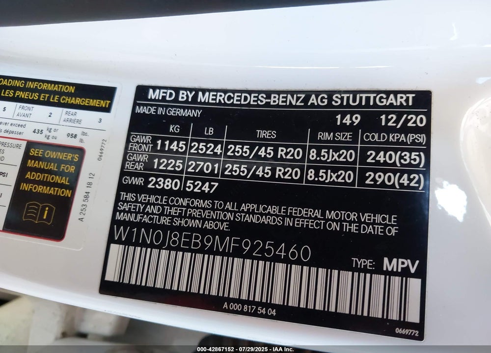 2021 MERCEDES-BENZ GLC CLASS VIN: W1N0J8EB9MF925460