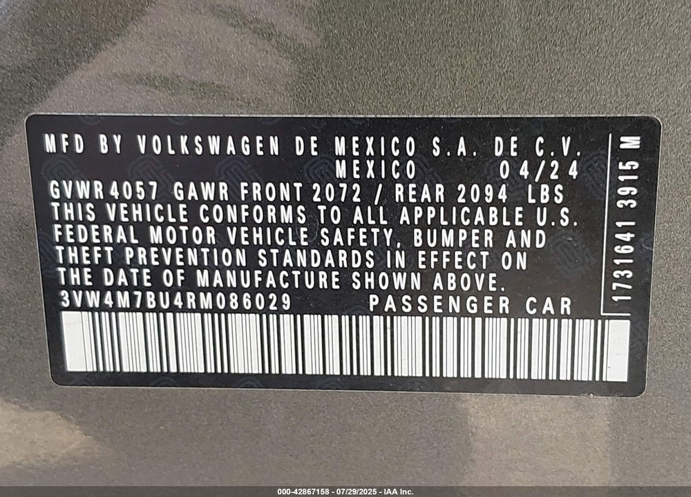 2024 VOLKSWAGEN JETTA VIN: 3VW4M7BU4RM086029