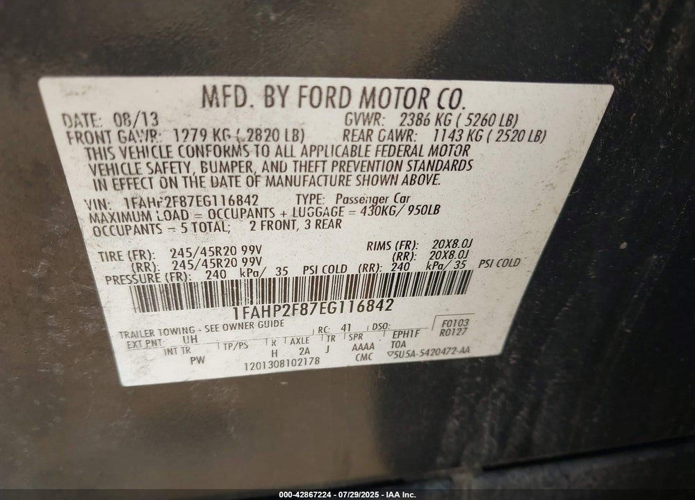 2014 FORD TAURUS VIN: 1FAHP2F87EG116842