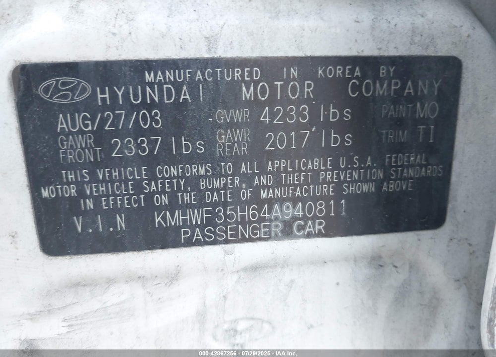 2004 HYUNDAI SONATA GLS/LX VIN: KMHWF35H64A940811