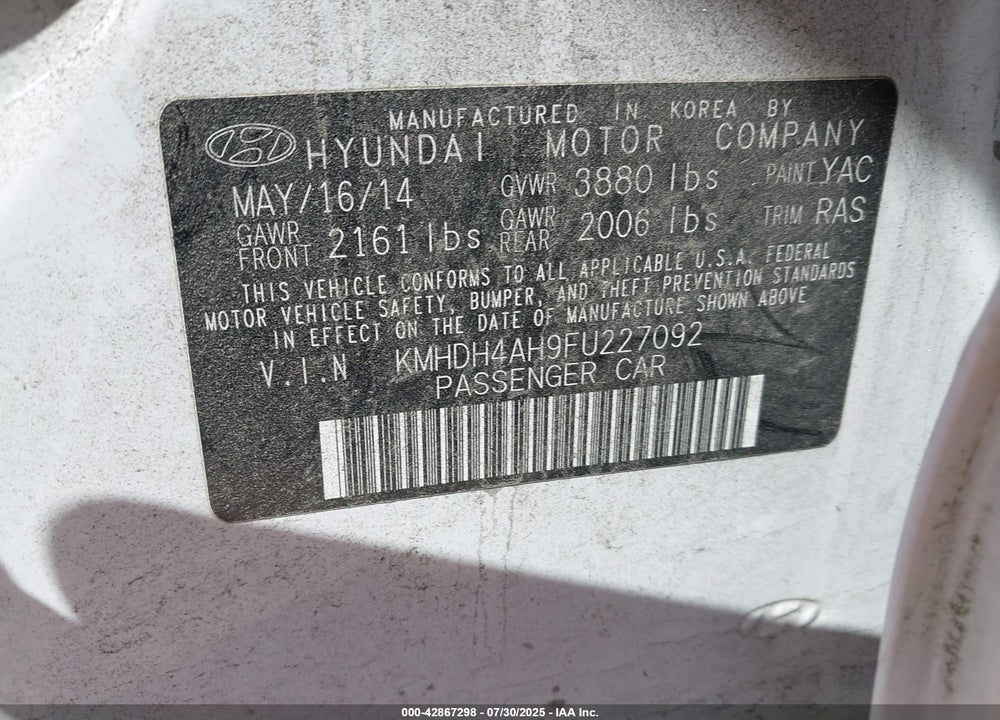 2015 HYUNDAI ELANTRA VIN: KMHDH4AH9FU227092