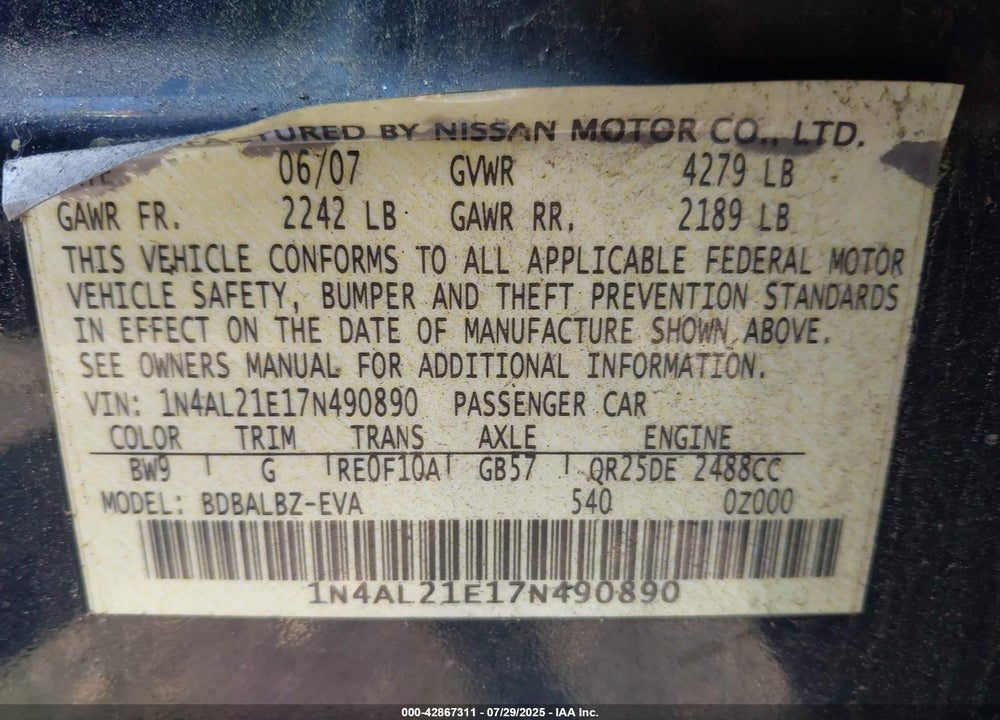 2007 NISSAN ALTIMA VIN: 1N4AL21E17N490890